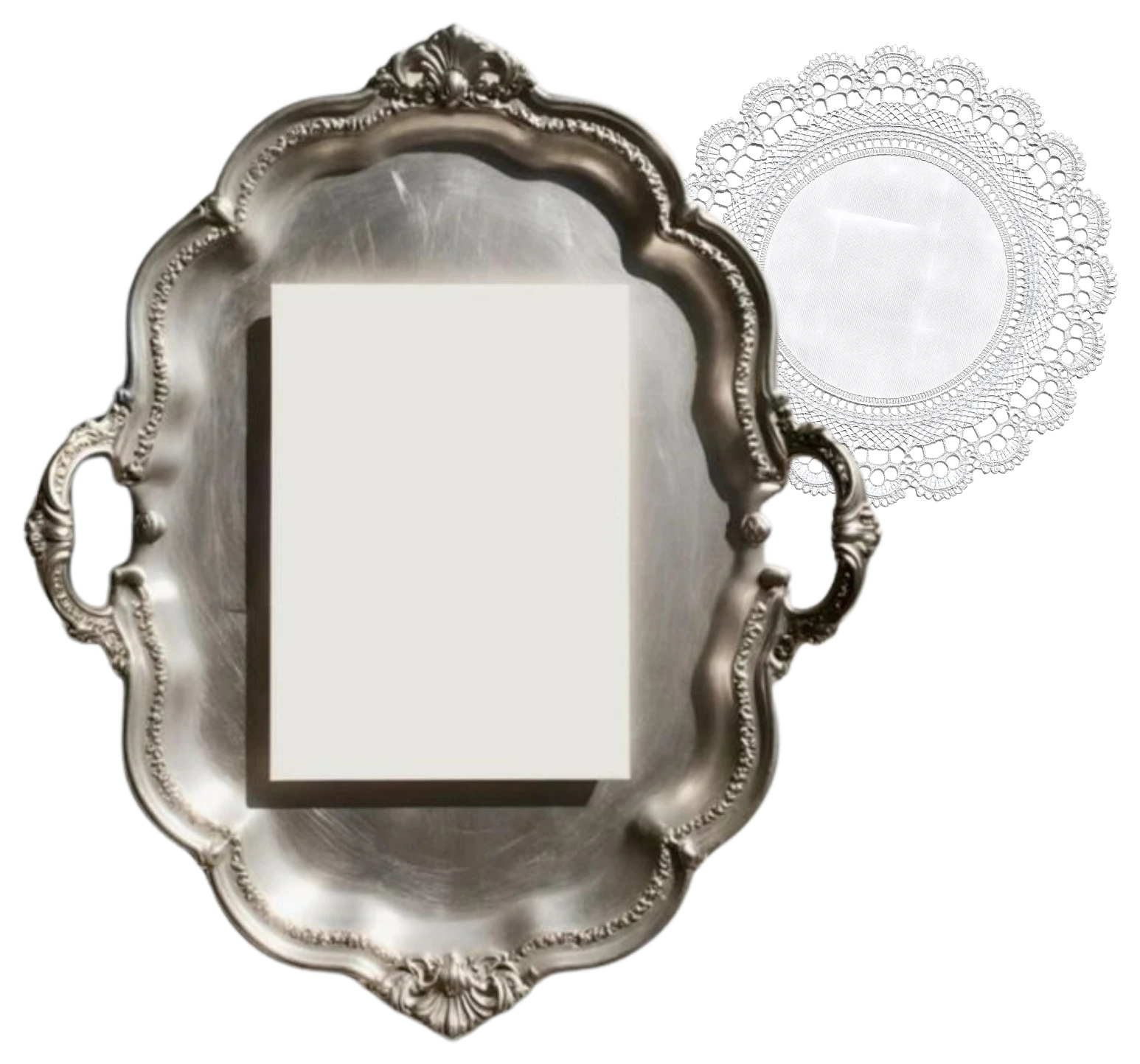 Silver platter with an RSVP card and a hotel booking notice